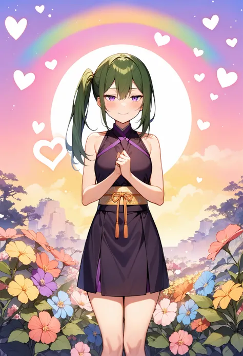 1girl,ubel,solo,half-closed eyes,green hair,bangs,hair between eyes,side ponytail,purple eyes,looking at viewer,perfect hands,perfect feet,perfect symmetry,perfect anatomy,extremely detailed,masterpiece,best quality,very aesthetic,absurdres,<lora:quality1:0:hr=1>,<lora:jitome_AXL30_v09a:1>,<lora:Ubel_AnimagineXLV3:0.3>,<lora:add-detail-xl:1>,<lora:parsley-XL-v31-ep20:0>,floral_background,rainbow_background,multicolored_background,gradient_background,heart_background,fantasy,scenery,sleeveless_kimono,kimono,kind_smile,
