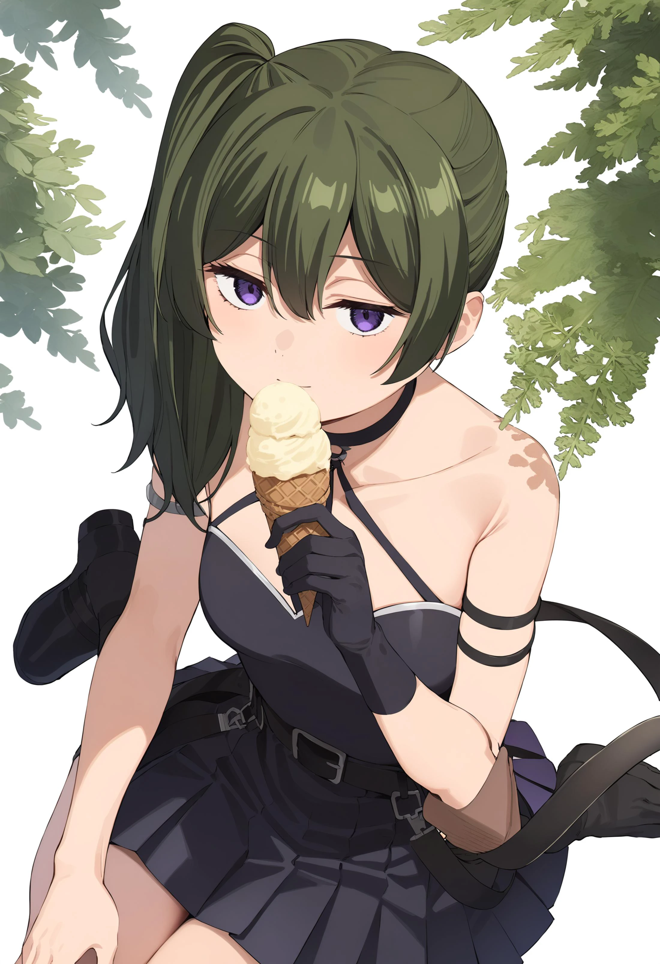 1girl, ubel, solo, half-closed eyes, expressionless, smile, green hair, bangs, hair between eyes, side ponytail, purple eyes, light smile, black choker, collarbone, sleeveless, black dress, sleeveless dress, halterneck, pleated skirt, black gloves, belt, black footwear, looking at viewer, ice_cream_cone , perfect hands, perfect symmetry, perfect anatomy, extremely detailed, masterpiece, best quality, very aesthetic, absurdres, style:parsley <lora:quality1:0:hr=1> <lora:jitome_AXL30_v09a:0> <lora:Ubel_AnimagineXLV3:0.8> <lora:add-detail-xl:1> <lora:parsley-XL-v31-ep20:0.8>