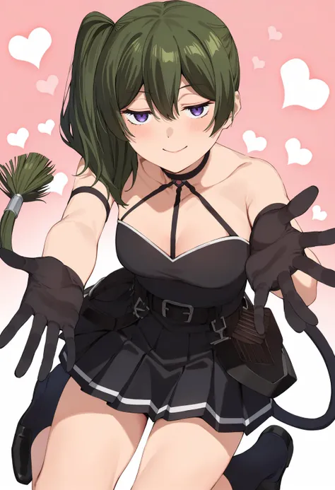 1girl,ubel,solo,half-closed eyes,green hair,bangs,hair between eyes,side ponytail,purple eyes,black choker,collarbone,sleeveless,black dress,sleeveless dress,halterneck,pleated skirt,black gloves,belt,black footwear,looking at viewer,perfect hands,perfect symmetry,perfect anatomy,extremely detailed,masterpiece,best quality,very aesthetic,absurdres,<lora:quality1:0:hr=1>,<lora:jitome_AXL30_v09a:1>,<lora:Ubel_AnimagineXLV3:0.8>,<lora:add-detail-xl:1>,<lora:parsley-XL-v31-ep20:0.8>,heart_background,reaching_out,kind_smile,