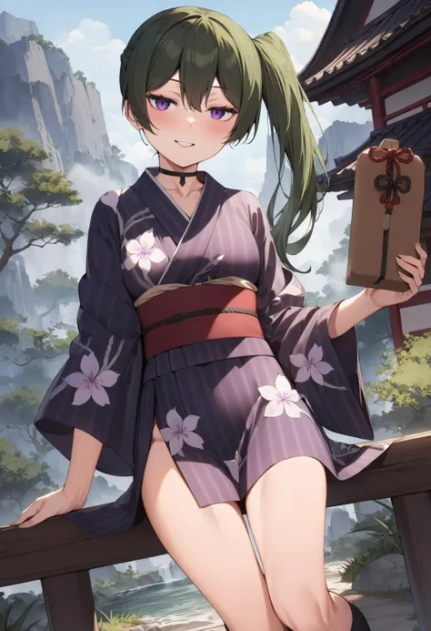 1girl,ubel,solo,half-closed eyes,green hair,bangs,hair between eyes,side ponytail,purple eyes,looking at viewer,perfect hands,perfect feet,perfect symmetry,perfect anatomy,extremely detailed,masterpiece,best quality,very aesthetic,absurdres,<lora:quality1:0:hr=1>,<lora:jitome_AXL30_v09a:1>,<lora:Ubel_AnimagineXLV3:0.5>,<lora:add-detail-xl:1>,<lora:parsley-XL-v31-ep20:0.8>,fantasy,scenery,kind_smile,yukata,