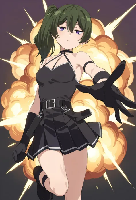 1girl,ubel,solo,half-closed eyes,green hair,bangs,hair between eyes,side ponytail,purple eyes,black choker,collarbone,sleeveless,black dress,sleeveless dress,halterneck,pleated skirt,black gloves,belt,black footwear,looking at viewer,perfect hands,perfect symmetry,perfect anatomy,extremely detailed,masterpiece,best quality,very aesthetic,absurdres,<lora:quality1:0:hr=1>,<lora:jitome_AXL30_v09a:1>,<lora:Ubel_AnimagineXLV3:0.8>,<lora:add-detail-xl:1>,<lora:parsley-XL-v31-ep20:0.8>,explosion,expressionless,aiming_at_viewer,