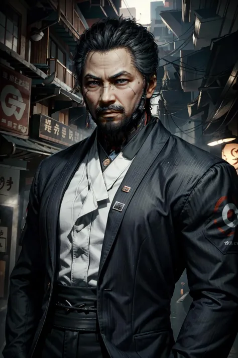 (masterpiece, best quality) <lora:epi_noiseoffset2:1> <lora:add_detail:0.7> <lora:TakemuraCyber:0.9>
TakemuraCyber, solo, black hair, 1boy, upper body, male focus, japanese clothes, black eyes, facial hair, beard, science fiction, serious, realistic, mustache, stubble, manly