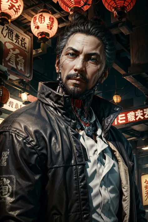 (masterpiece, best quality) <lora:epi_noiseoffset2:1> <lora:add_detail:0.7> <lora:TakemuraCyber:0.8>
TakemuraCyber, solo, blue eyes, shirt, black hair, 1boy, brown eyes, jacket, white shirt, upper body, male focus, dark skin, facial hair, looking up, beard, science fiction, lantern, realistic, mustache, android, cyborg, paper lantern, cyberpunk, mechanical parts, single hair bun