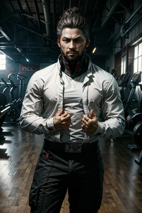 (masterpiece, best quality) <lora:epi_noiseoffset2:1> <lora:add_detail:0.7> <lora:TakemuraCyber:0.8>
TakemuraCyber, solo, single hair bun, in the gym, posing