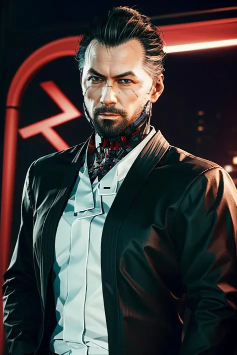 (masterpiece, best quality:1.3)
<lora:add_detail:0.7> <lora:epi_noiseoffset2:1> <lora:TakemuraCyber:0.8>
TakemuraCyber, solo, looking at viewer, shirt, black hair, 1boy, jacket, upper body, male focus, black jacket, facial hair, formal, suit, beard, science fiction, realistic, mustache, android, cyborg, cyberpunk