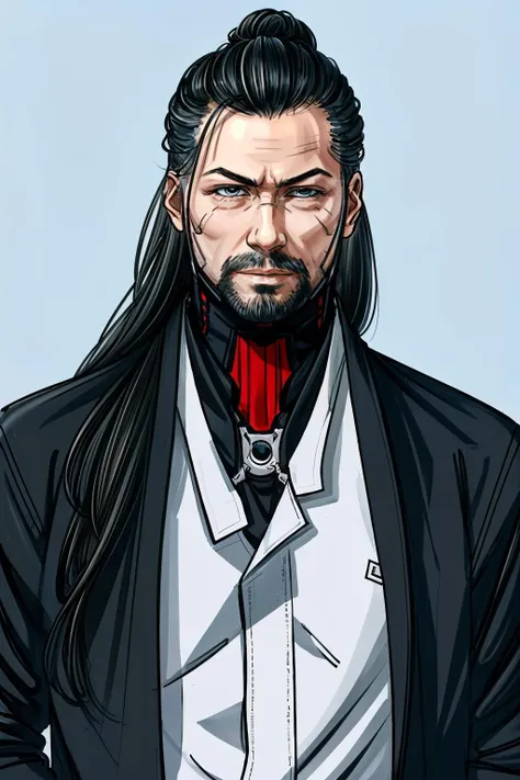 (masterpiece, best quality:1.3)
<lora:add_detail:0.7> <lora:epi_noiseoffset2:1> <lora:TakemuraCyber:0.8>
TakemuraCyber, solo, long hair, simple background, shirt, black hair, 1boy, closed mouth, jacket, white shirt, upper body, male focus, open clothes, coat, facial hair, blue background, beard, mustache, manly