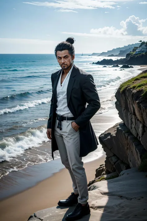 (masterpiece:1.2),(best quality:1.2),(high resolution:1.2)
<lora:CyberGoroTakamura:0.8>
CyberGoroTakamura, 1boy, male focus, black hair, mechanical parts, brown eyes, single hair bun, standing on a rocky outcrop at a cliffside beach, showcasing beachwear fashion with a dramatic seascape backdrop