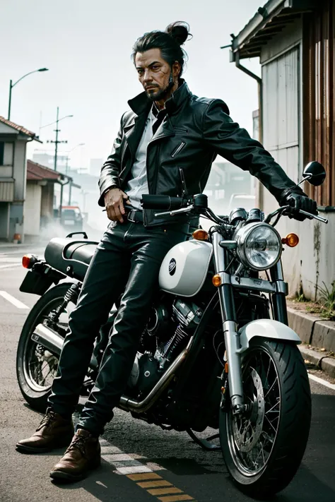(masterpiece:1.2),(best quality:1.2),(high resolution:1.2)
<lora:CyberGoroTakamura:0.8>
CyberGoroTakamura, 1boy, black hair, mechanical parts, brown eyes, single hair bun, Posing by a classic motorcycle, clad in rugged biker attire, with an adventurous spirit