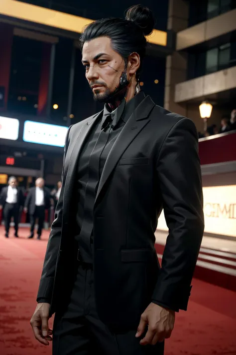 (masterpiece:1.2),(best quality:1.2),(high resolution:1.2)
<lora:CyberGoroTakamura:0.8>
CyberGoroTakamura, 1boy, black hair, mechanical parts, brown eyes, single hair bun, On the red carpet at a glamorous awards ceremony, wearing a bespoke black tie ensemble