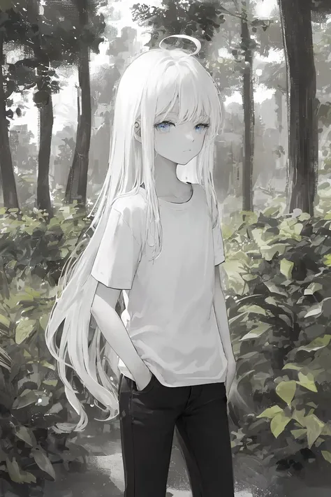 1girl, blue eyes, white hair, very long hair, ahoge, pale skin, leaf, expressionless, closed mouth, plant, foliage, outdoors, looking at viewer, sunlight, bokeh, light particles, flat chest, shirt, jeans, blue sky, clouds, petite, trees, (monochrome:1.2), glowing eyes, sketch, drawing, (pencil drawing:1.2), half-closed eyes, cold attitude, open jacket, rough drawing, hands in pockets, solo, short sleeves