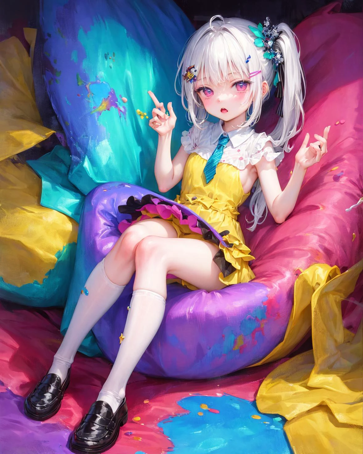 //,masterpiece,((best quality)),(ultra-detailed),(illustration),an extremely delicate and beautiful,dynamic angle,chromatic aberration,((Medium shot)),((colorful)),//,(full body:0.6),1girl, girl,stampede,full view,stockings_painting,loafers,Paint splash,tie-dye,(pale skin),white hair,side ponytail,(holding:1.1),