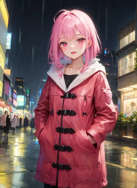 1girl,night city,rain,coat,hands in pockets