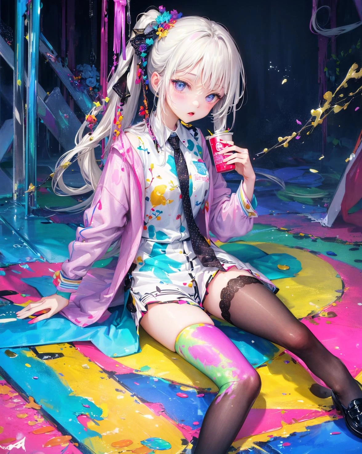 //,masterpiece,((best quality)),(ultra-detailed),(illustration),an extremely delicate and beautiful,dynamic angle,chromatic aberration,((Medium shot)),((colorful)),//,(full body:0.6),1girl, girl,stampede,full view,stockings_painting,loafers,Paint splash,tie-dye,(pale skin),white hair,side ponytail,