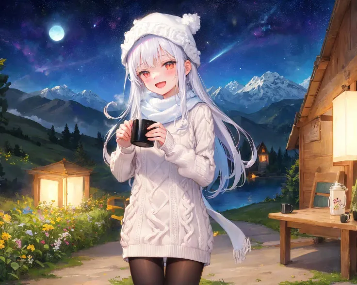 1girl,solo,night,sky,telescope,star (sky),hat,sweater,outdoors,open mouth,smile,starry sky,looking at viewer,cup,pantyhose,night sky,tent,blush,cable knit,brown eyes,holding,black pantyhose,mug,shooting star,:d,bangs,mountain,aran sweater,grass,long hair,scenery,white sweater,standing,holding cup,steam,red eyes,sweater dress,ribbon,scarf,turtleneck,mountainous horizon,dress,white hair,lamp,shawl,beanie,lake,lantern,coffee mug,