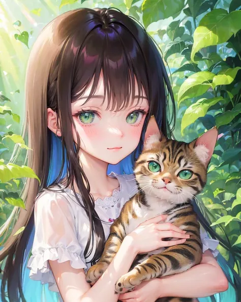 clpstyle,1girl,(Girl holding a cat in her arms:1.1),green eyes,cat,animal focus,leaf,blush,:3,animal,closed mouth,plant,foliage,outdoors,solo,looking at viewer,whiskers,sunlight,smile,