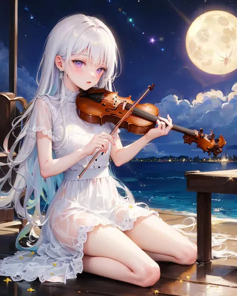 masterpiece, best quality, 1girl, full body,white hair,long hair,purple eyes, slim body,slim legs,playing violin,white dress,night,moon,shootig star,cloud,lakeshore,