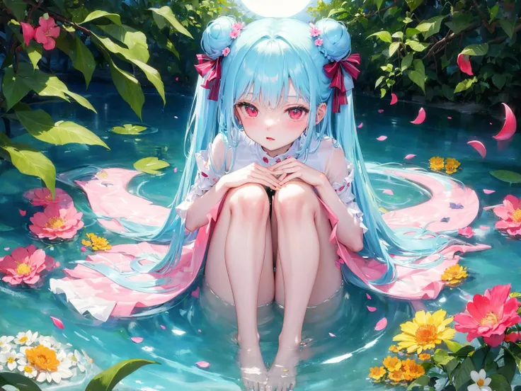 (best quality),(masterpiece),incredibly_absurdres,highly detailed,refined rendering,illustration,(highres),original,night_sky,
(close_on:1.2),(close shot),(a girl:1.3) is (sitting on the tree) and soaking feet,[[light smile]],(baby_blue hair),very_long_hair,water inner hair,little double bun,(beautiful detailed eyes),(red eyes),floating ribbon,
(peach blossom),flowers,(flower) tree,Petals on water,floating Petals,[[full moon]],(pale skin:1.2),