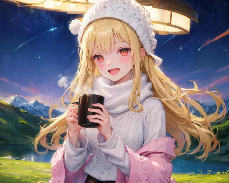 1girl, solo, night, sky, telescope, star (sky), hat, sweater, outdoors, open mouth, smile, starry sky, looking at viewer, cup, pantyhose, night sky, tent, blush, cable knit, brown eyes, holding, black pantyhose, mug, shooting star, :d, bangs, mountain, aran sweater, grass, long hair, long sleeves, scenery, white sweater, standing, holding cup, steam, red eyes, sweater dress, ribbon, scarf, turtleneck, mountainous horizon, dress, swept bangs, blonde hair, lamp, shawl, beanie, lake, lantern, coffee mug