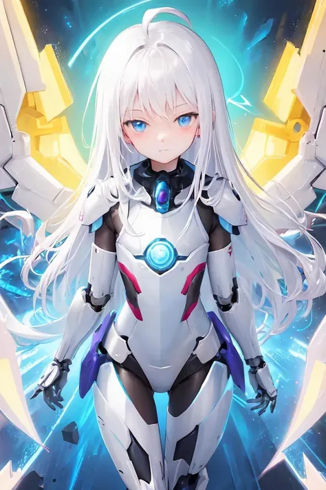 masterpiece, best quality, colorful, cowboy shot, (pale skin:1.2), flat chest, mecha, armor, girl,mechanical_body, highres, white hair, very long hair, ahoge, petite, solo, blue eyes, white coat, soft fabric waist extension, blue energy, destruction, quantum energy, mechanical
 wings