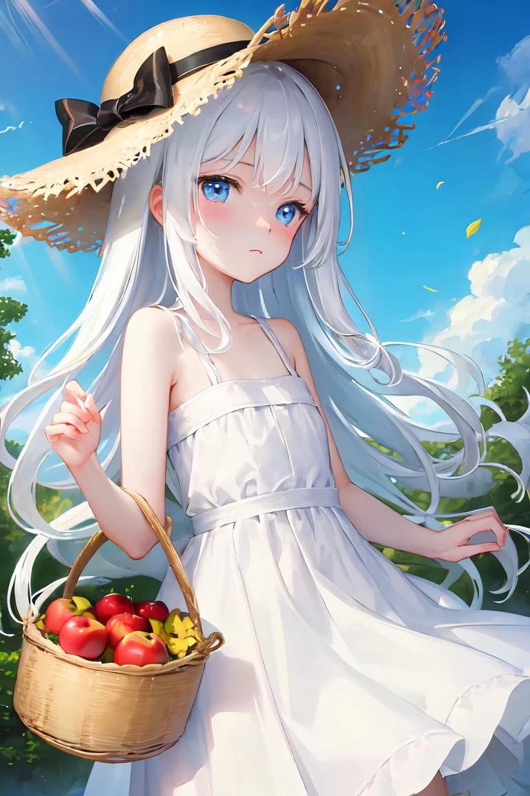 rich in details, 1girl, upper body, beautiful face and eyes, female focus, outdoors, standing on hill, looking at viewer, very long hair, (white hair:1.2), straw hat, sky, blue eyes, closed mouth, expressionless, sky, cloud, sunny, clear day, wind, leaf, (pale skin:1.2), flat chest, petite, light particles, sun rays, white dress, basket of apples, barn, trees