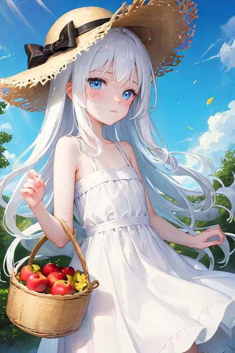 rich in details, 1girl, upper body, beautiful face and eyes, female focus, outdoors, standing on hill, looking at viewer, very long hair, (white hair:1.2), straw hat, sky, blue eyes, closed mouth, expressionless, sky, cloud, sunny, clear day, wind, leaf, (pale skin:1.2), flat chest, petite, light particles, sun rays, white dress, basket of apples, barn, trees