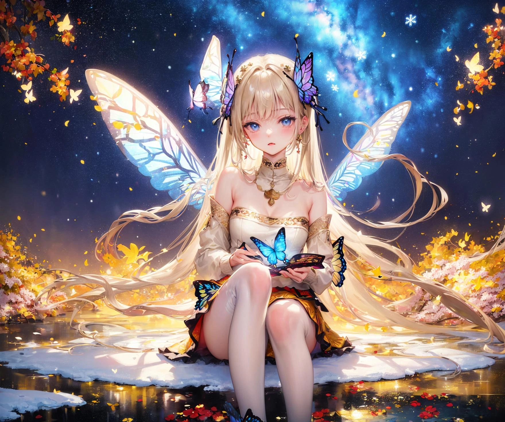 ((masterpiece:1.4, best quality))+,(ultra detailed)+,1girl,,bare shoulders,silver hair,twintails,very long hair,blue eyes,big breasts,(Geometric Seasons, seasonal patterns, (spring blossoms:1.2), (Milky Way:1.05), (autumn leaves:0.95),(beautiful snowflakes:1.2), geometric landscapes, natural cycles, weather-inspired designs, color palettes:1.5),(rainbow, firework, beautiful butterfly:1.3),(beige:1.4),Snow Mountain,Horizon,