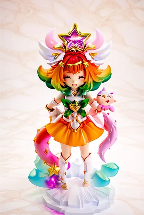 pvc, ((star guardian neeko)), ((chibi)), neeko \(league of legends\), star guardian \(league of legends\), league of legends, official art, full body, 1girl, solo, ((orange hair)), green hair, multicolored hair, pink hair, pink tail, green hands, green feet