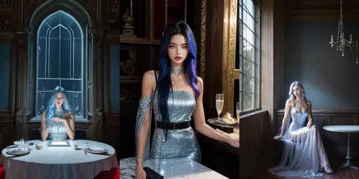 (otherworldly), highly insanely detailed, masterpiece, top quality, best quality, highres, 4k, 8k, RAW photo, (very aesthetic, beautiful and aesthetic), 1girl, Tower13_Gizelle,
(wearing a luxurious red gown:1.3), sitting on a table in a glamorous restaurant,
baseball hat, long-shot ruins, building, window frame, cracked window, wall corner, upturned, abandoned, metal, industrial, fence, moody, cracked mud, urban, canalside,
upper body,
a silver leather clutch bag with a fiber optic light-up center panel, featuring a silver chain strap with a silver leather segment,
<lora:Hirena_Light_up_handbag:0.5>,
__lazy-wildcards/char/haircolor__,
__lazy-wildcards/dataset/background-color__,
âââ