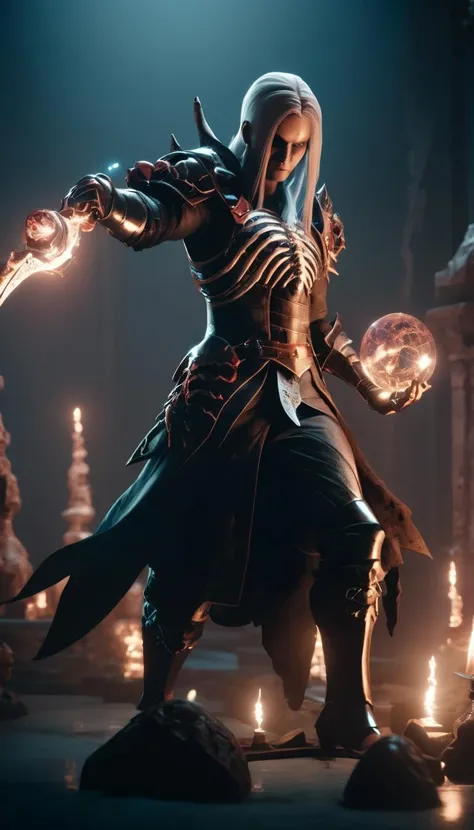 cinematic photo Cinematic scene, hero view, d4d necromancer <lora:diablo_4_necromancer_xl_v1:1>, action pose, masterpiece, best quality, high quality, highres, absurdres . 35mm photograph, film, bokeh, professional, 4k, highly detailed