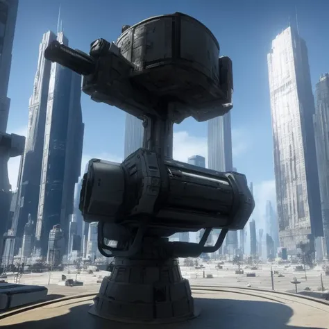 a wide shot of a cyberpunk turret structure