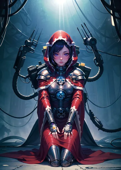 (1girl, streaked hair very short hair split ponytail, rainbow eyes, , forced smile) (digital) ( dynamic pose in detailed wasteland, (skull, tube, science fiction, extra arms, hood, robe, glowing eyes, mechanical arms, steampunk, armor)) , best quality, <lora:boldline:0.2>  <lora:hairdetailer:0.2> techpriest <lora:techpriest:1>