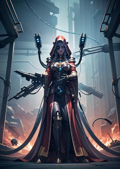 (1girl, grey hair very long hair side braid, glowing eyes, <lora:menositanikuma2:0.6>, depressed) (digital) ( dynamic pose in detailed savannah, (skull, tube, science fiction, extra arms, hood, robe, glowing eyes, mechanical arms, steampunk, armor)) , best quality, <lora:boldline:0.2> <lora:hairdetailer:0.2> techpriest <lora:techpriest:1>