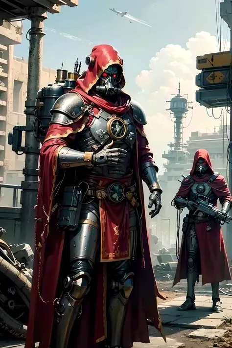 masterpiece, best quality, official art, (hand by Guido Daniele), extremely detailed CG unity 8k wallpaper, 1 man, slender body, skitarii, wasteland, ruins, orange gas, gas mask, blunderbuss, rifle, techpriest, mechanical arms, mechanical legs, mask, glowing eyes, red hood, long open robe, mechanical body  <lora:techpriest:0.75>
