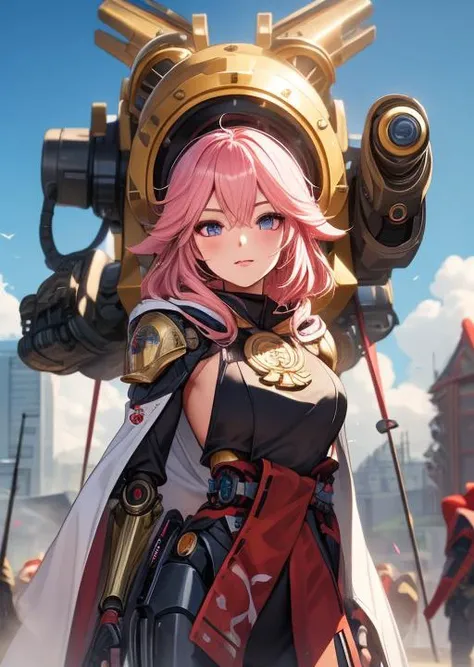 (1girl, yae miko, pink hair,bolter) (digital) ( dynamic pose in detailed floating city, fox ears, (skull, tube, robot, science fiction, humanoid robot, cyborg, extra arms, hood, robe, steampunk, armor)) , best quality, <lora:boldline:0.2> <lora:hairdetailer:0.2> techpriest <lora:techpriest:0.4> <lora:yaemiko1-000008:0.5> <lora:edgWar40KAdeptaSororitas:0.8, masterpiece, best quality