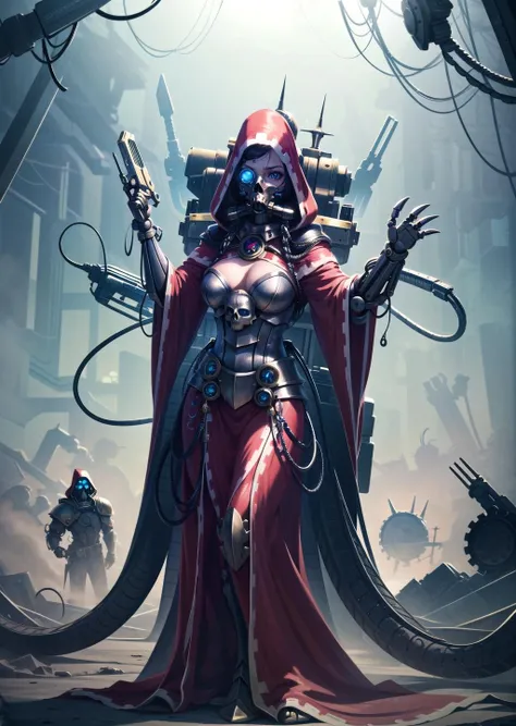 (1girl, alternate hair color absurdly long hair french braid, blue eyes, , sigh) (digital) (  in detailed wasteland, (skull, tube, science fiction, mask, extra arms, hood, robe, glowing eyes, mechanical arms, steampunk, armor)) , best quality, <lora:boldline:0.2>  <lora:hairdetailer:0.2> techpriest <lora:techpriest:1>