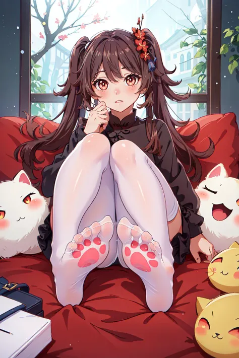 (masterpiece, best quality),  intricate details,
1girl,  <lora:hutaotest:0.8> hutao, brown hair, long hair, symbol-shaped pupils, (red eyes:1.3), twintails, flower-shaped pupils, 
<lora:CatPawPrint.v0.3:0.8> paw print, white stockings, white pantyhose, black stockings, feet, soles,