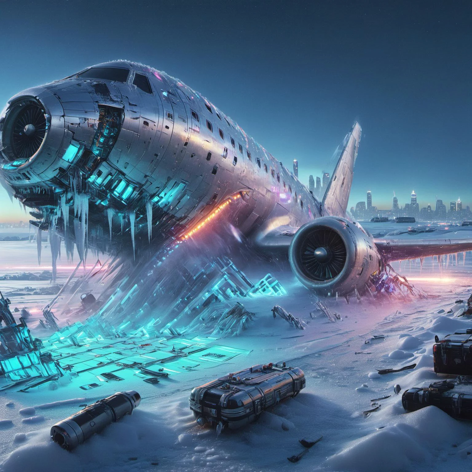 Crashed airplane in a futuristic frozen cyberpunk neon lit tundra mega city <lora:sdxl_lora_crashed_airplane:0.8><lora:DonMFr0stP4nk-000006:1>, DonMFr0stP4nkXL, ice, snow, snowy ground, frost, hologram, holographic,led lights, (at night:1.2), neon glow, 8k, uhd, cinematic,star filled sky, ultra-detailed, cyberpunk cityscape background <lora:SDXLHighDetail_v5:1>