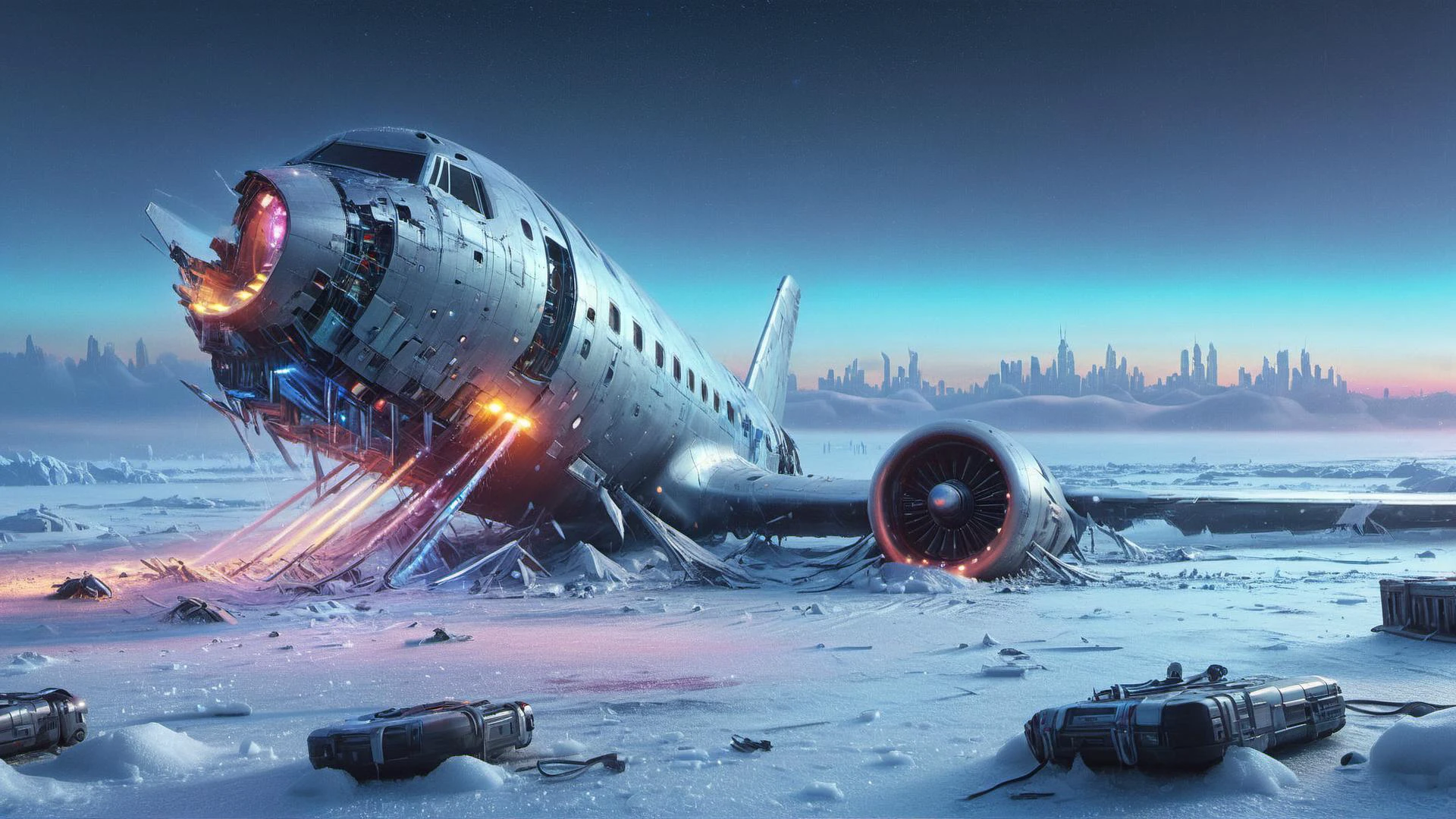 Crashed airplane in a futuristic frozen cyberpunk neon lit tundra mega city <lora:sdxl_lora_crashed_airplane:0.8><lora:DonMFr0stP4nk-000006:1>, DonMFr0stP4nkXL, ice, snow, snowy ground, frost, hologram, holographic,led lights, (at night:1.2), neon glow, 8k, uhd, cinematic,star filled sky, ultra-detailed, cyberpunk cityscape background <lora:SDXLHighDetail_v5:1>