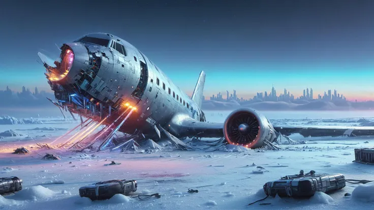 Crashed airplane in a futuristic frozen cyberpunk neon lit tundra mega city <lora:sdxl_lora_crashed_airplane:0.8><lora:DonMFr0stP4nk-000006:1>, DonMFr0stP4nkXL, ice, snow, snowy ground, frost, hologram, holographic,led lights, (at night:1.2), neon glow, 8k, uhd, cinematic,star filled sky,  ultra-detailed, cyberpunk cityscape background <lora:SDXLHighDetail_v5:1>