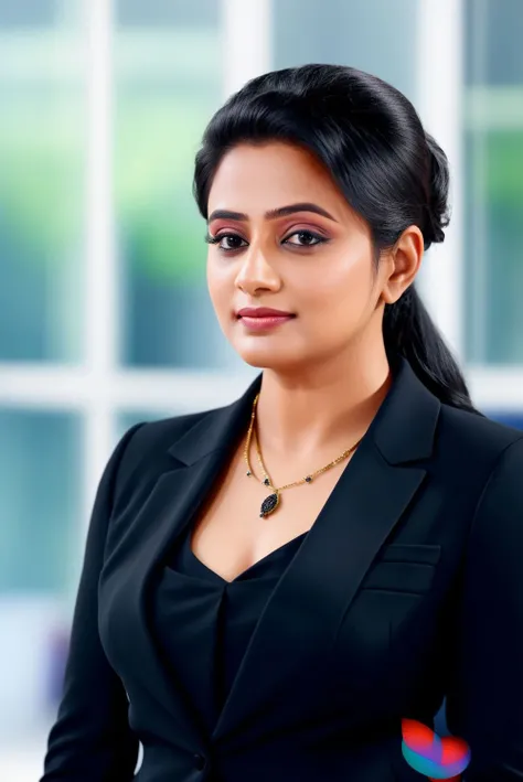 <lora:Priyamani_V1:1> woman wearing black suit, background blur, portrait,