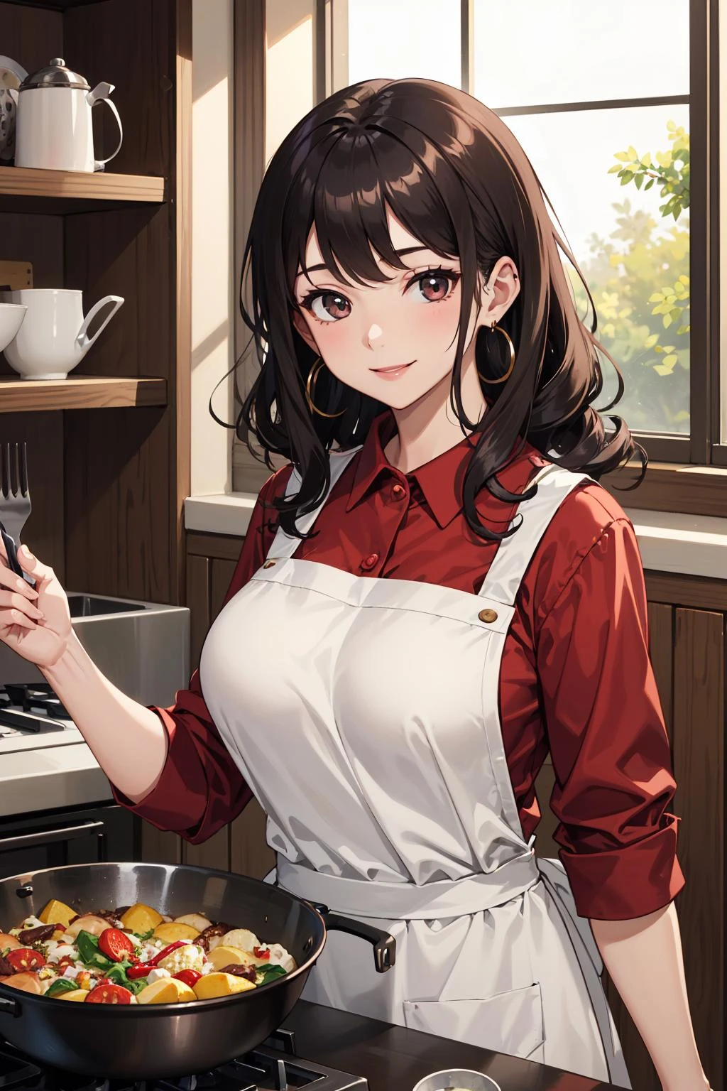 masterpiece,best quality,intricate details,
1girl,red shirt,white apron,large breasts,earrings,curly hair,long hair,smile,
indoors,kitchen,shelf,frying pan,food,sunlight,window,