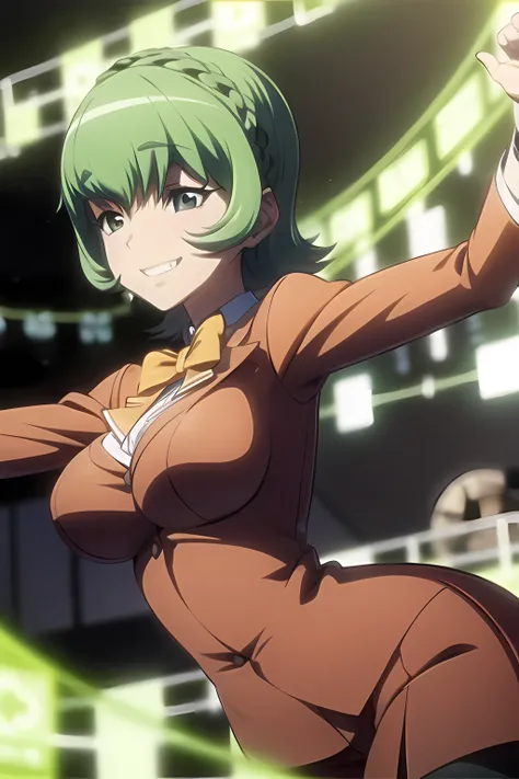 best quality, 1girl, (black hair:1.2), dynamic pose, grin, green hair, vedium breasts, <lora:Nachi_Aoki:0.7>