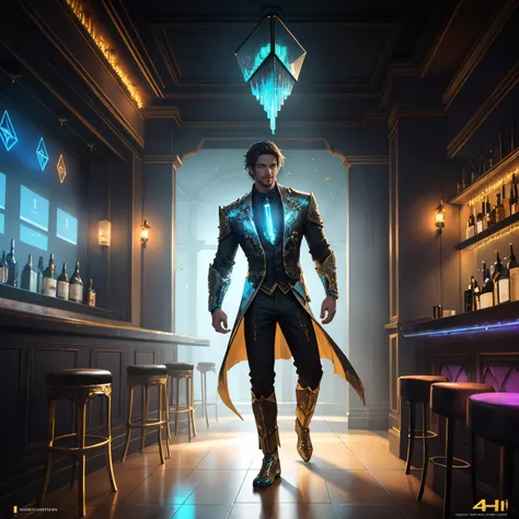 Man in champagne colour trendy urban clothes in a bar, messy hair, smiling, Full body, hyper detailed painting, illuminism,  4k resolution, fractal isometrics details bioluminescence , 3d render, octane render, intricately detailed , cinematic, Isometric Centered hyperrealistic cover photo awesome full colour, hand drawn , gritty, hit definition , cinematic, on paper, ethereal background, abstract beauty,stand, approaching perfection, concept art, intricate details, 8k post production, high resolution, hyperdetailed, trending on artstation, sharp focus, studio photo, intricate details, highly detailed, by greg rutkowski