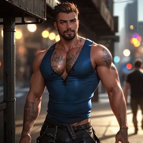 photo of lean bearded man in a worn blue tanktop, large bulge, ((light bokeh)), intricate, (steel metal [rust]), elegant, erotic, exuding sexual energy, homoerotic, sharp focus, photo by greg rutkowski, soft lighting, vibrant colors, (masterpiece), ((streets)), (detailed face)