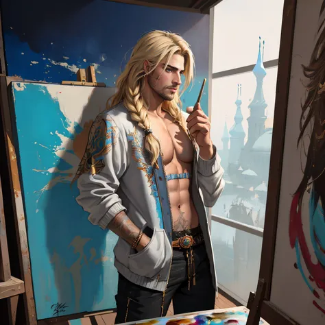 figurative art, medium full shot painting of a beautiful male Russian-Persian prince with long blond hair, abstraction texture grunge painting, Pintura Graffiti, Abstract Portrait Painting, by banksy, greg rutkowski, by greg tocchini, by james gilleard, by joe fenton, by kaethe butcher, oil on canvas, insanely detailed, front view, symmetrical, octane render, concept art, abstract, artistic, 8k, cinematic, trending on artstation, unreal engine 5, ultra sharp focus, highly detailed, vibrant