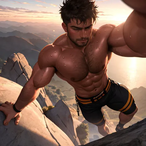 close-up body portrait, seen from above, handsome male, masculine, beefy, burly, skimpy outfit, (rock climbing:1.1), mid climb, masterpiece, high quality, highres, HDR, 8K absurdres, sunset, beautiful caustics, sweaty, struggle expression, looking at viewer,