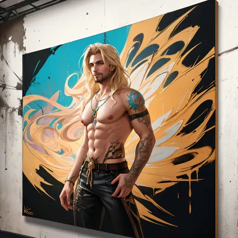 figurative art, medium full shot painting of a beautiful male Russian-Persian prince with long blond hair, abstraction texture grunge painting, Pintura Graffiti, Abstract Portrait Painting, by banksy, greg rutkowski, by greg tocchini, by james gilleard, by joe fenton, by kaethe butcher, oil on canvas, insanely detailed, front view, symmetrical, octane render, concept art, abstract, artistic, 8k, cinematic, trending on artstation, unreal engine 5, ultra sharp focus, highly detailed, vibrant