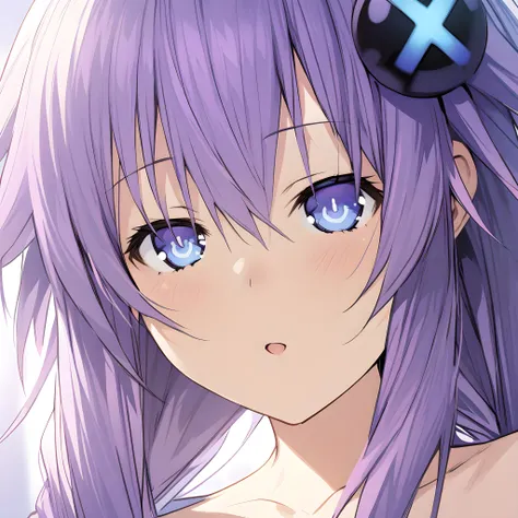 (masterpiece),(best quality),(ultra-detailed),(best illustration),(best shadow),(absurdres),(detailed background),(very aesthetic), purple_heart(neptune), 1girl, solo, breasts, long hair, braid, symbol-shaped pupils, purple hair, twin braids, hair ornament, very close-up, portrait, <lora:Purple_Heart_-_Hyperdimension_Neptunia:1>