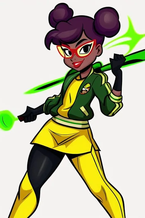 <lora:april_rtmnt:0.7> masterpiece, best quality, 1girl, solo, smile, short hair, dark skin, black eyes, double bun, makeup, glasses, lipstick, dot pupils, simple background, yellow shirt, green jacket, leggins, delicated ilumination, baseball bat,