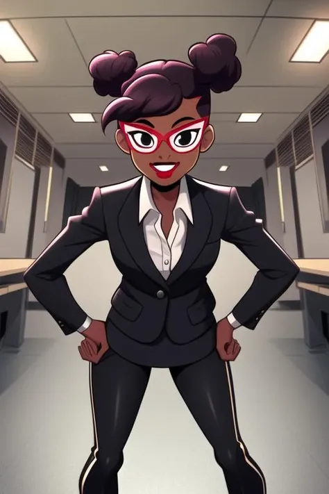 <lora:april_rtmnt:0.7> masterpiece, best quality, 1girl, solo, smile, short hair, dark skin, black eyes, double bun, makeup, glasses, lipstick, dot pupils, indoors, black suit, black jacket, collared shirt, long sleeves, black pants, hands on hips,